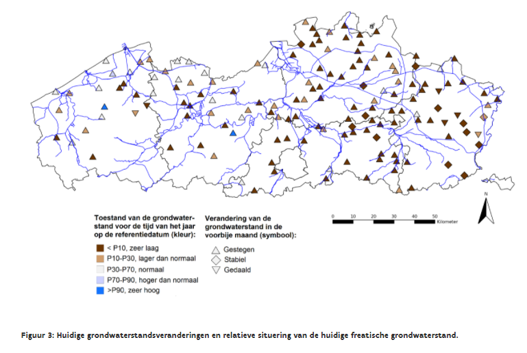 Huidige grondwaterstandsveranderingen en relatieve situering van de huidige freatische grondwaterstand.