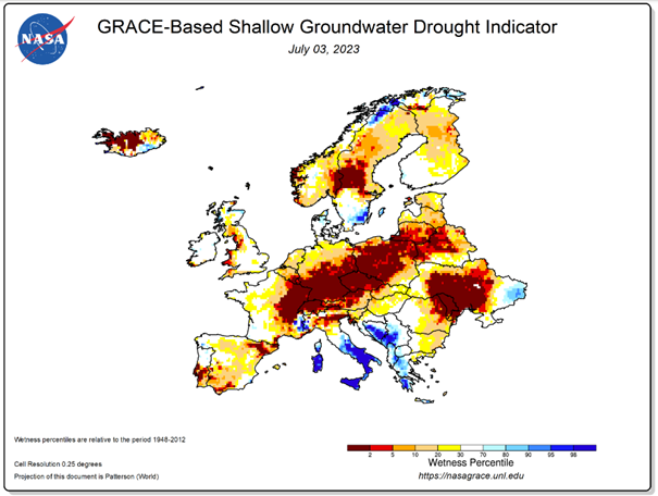 Figuur 3:  Oppervlakkige grondwaterdroogte-indicator van NASA voor Europa
