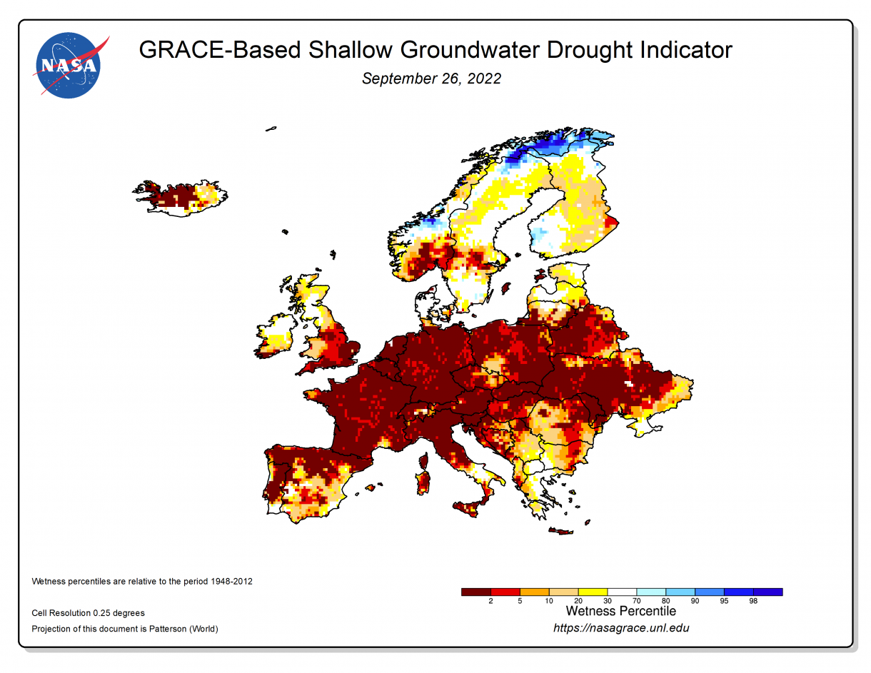 Figuur 3: Oppervlakkige grondwaterdroogte-indicator van NASA voor Europa op 5/09/2022, gebaseerd op GRACEFO Data (beschikbaar op https://nasagrace.unl.edu, geconsulteerd op 26/9/2022)