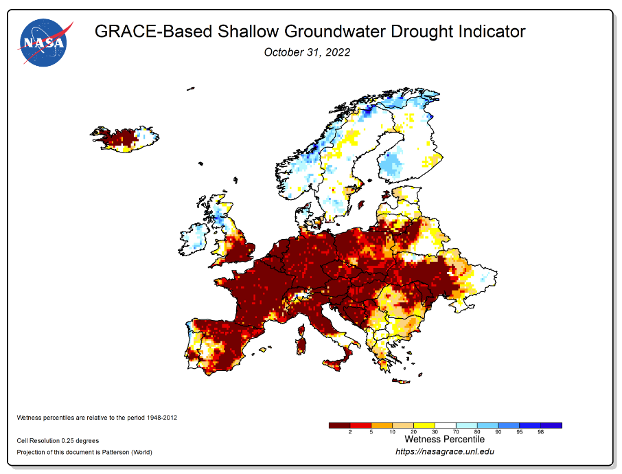 Figuur 3: Oppervlakkige grondwaterdroogte-indicator van NASA voor Europa op 31/10/2022, gebaseerd op GRACEFO Data (beschikbaar op https://nasagrace.unl.edu, geconsulteerd op 7/11/2022)