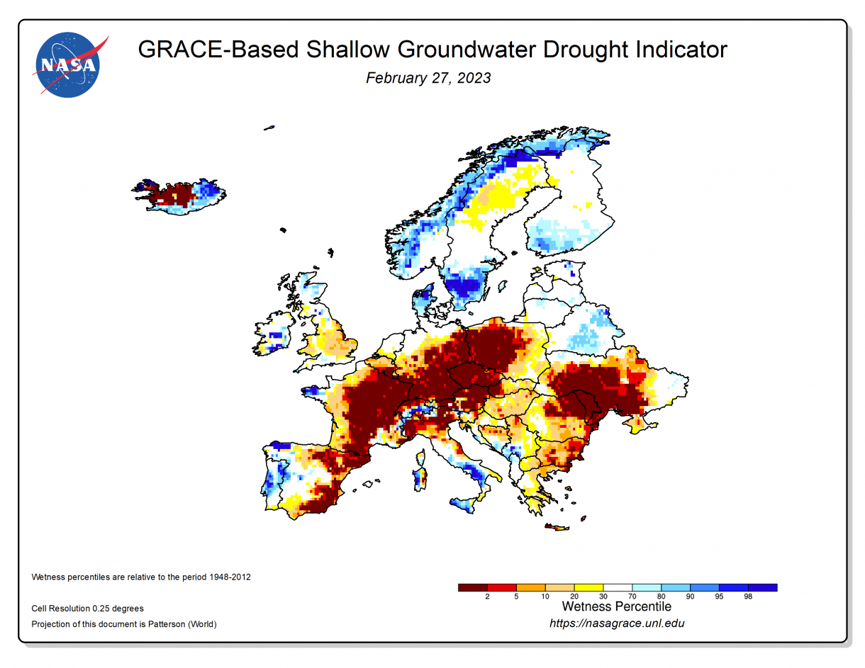 Figuur 3: Oppervlakkige grondwaterdroogte-indicator van NASA voor Europa op 27/02/2023, gebaseerd op GRACEFO Data (beschikbaar op https://nasagrace.unl.edu, geconsulteerd op 6/03/2023)
