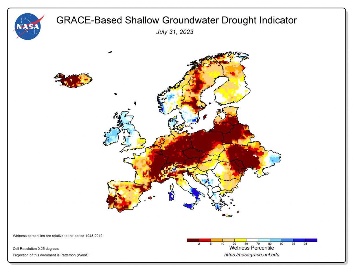 Figuur 3:  Oppervlakkige grondwaterdroogte-indicator van NASA voor Europa