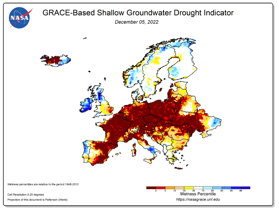 Figuur 3: Oppervlakkige grondwaterdroogte-indicator van NASA voor Europa op 05/12/2022, gebaseerd op GRACEFO Data (beschikbaar op https://nasagrace.unl.edu, geconsulteerd op 7/12/2022)