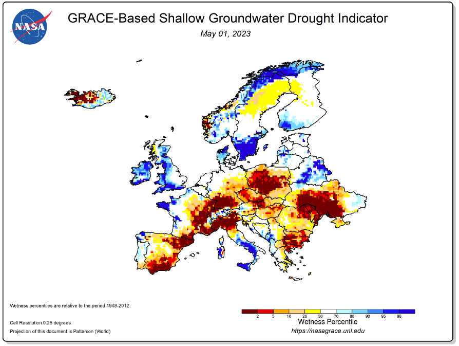 Figuur 3:  Oppervlakkige grondwaterdroogte-indicator van NASA voor Europa op 27/03/2023, gebaseerd op GRACE-FO Data (beschikbaar op https://nasagrace.unl.edu, geconsulteerd op 4/04/2023)