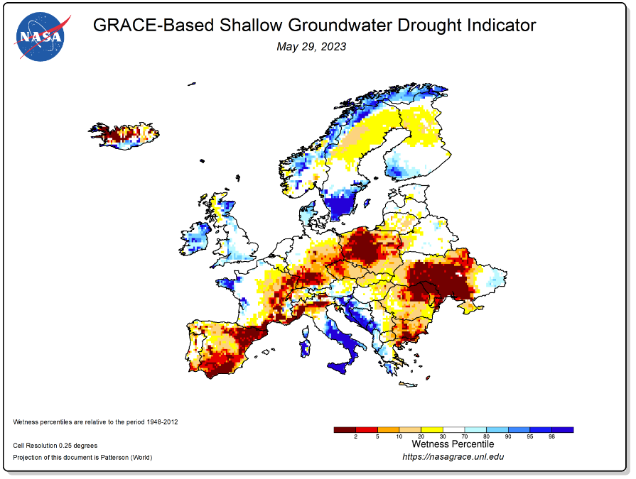 Figuur 3:  Oppervlakkige grondwaterdroogte-indicator van NASA voor Europa op 27/03/2023, gebaseerd op GRACE-FO Data (beschikbaar op https://nasagrace.unl.edu, geconsulteerd op 4/04/2023)