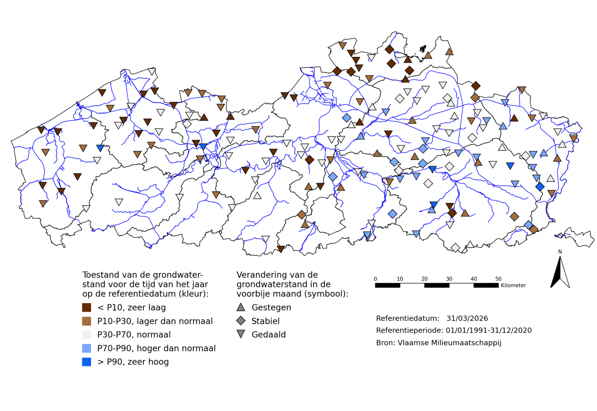 Huidige grondwaterstandsveranderingen en relatieve situering van de huidige freatische grondwaterstand.