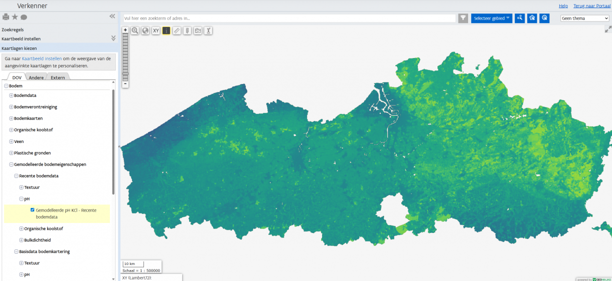 DOV-verkenner met de gemodelleerde pH KCl op basis van recente bodemdata