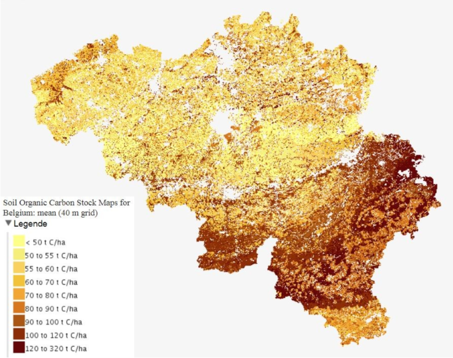 Kaart Soil Organic Carbon Stock Maps for Belgium (40 m grid)
