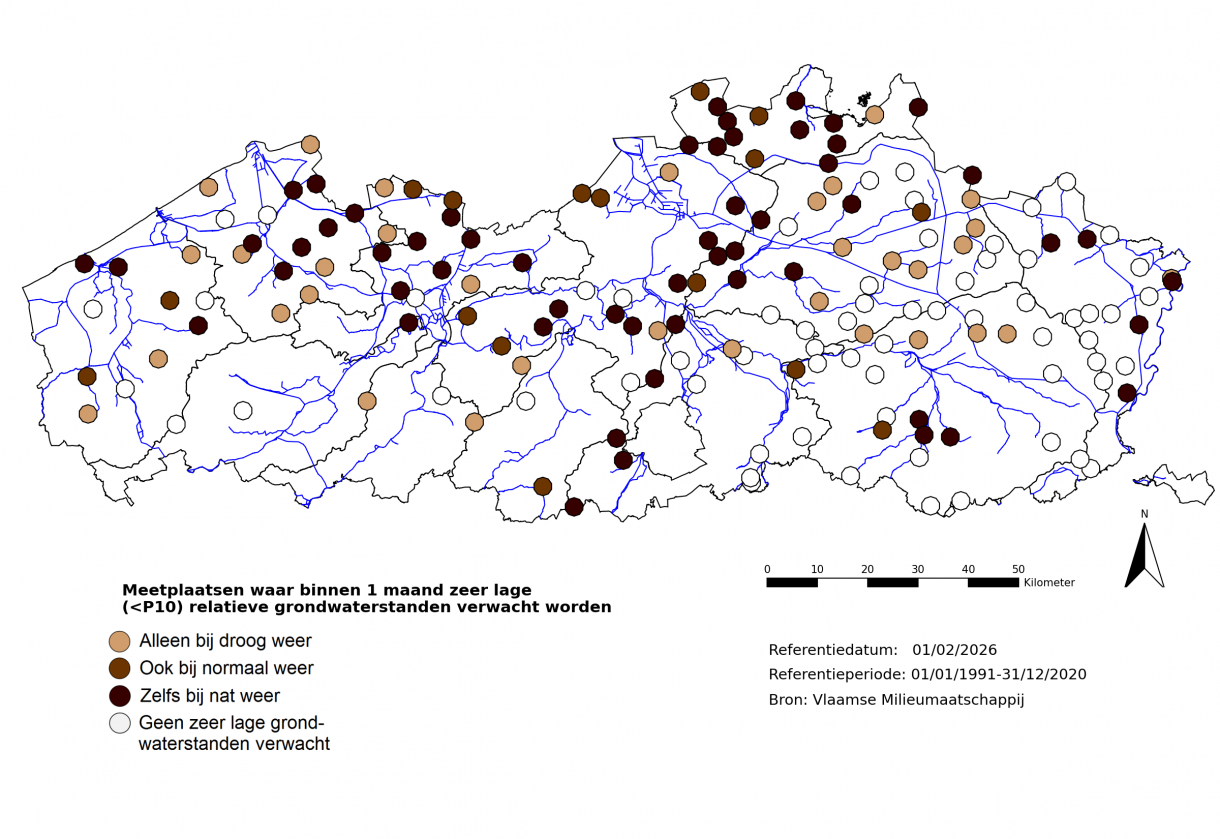 Meetplaatsen waar volgende maand zeer lage (<P10) freatische grondwaterstanden voor de tijd van het jaar verwacht worden.