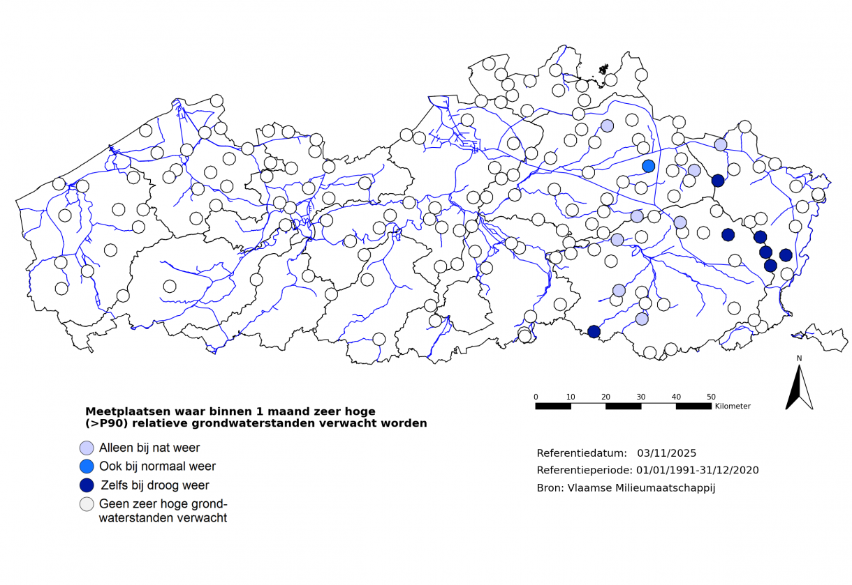 Figuur 6: Meetplaatsen waar volgende maand zeer hoge (>P90) freatische grondwaterstanden voor de tijd van het jaar verwacht worden.