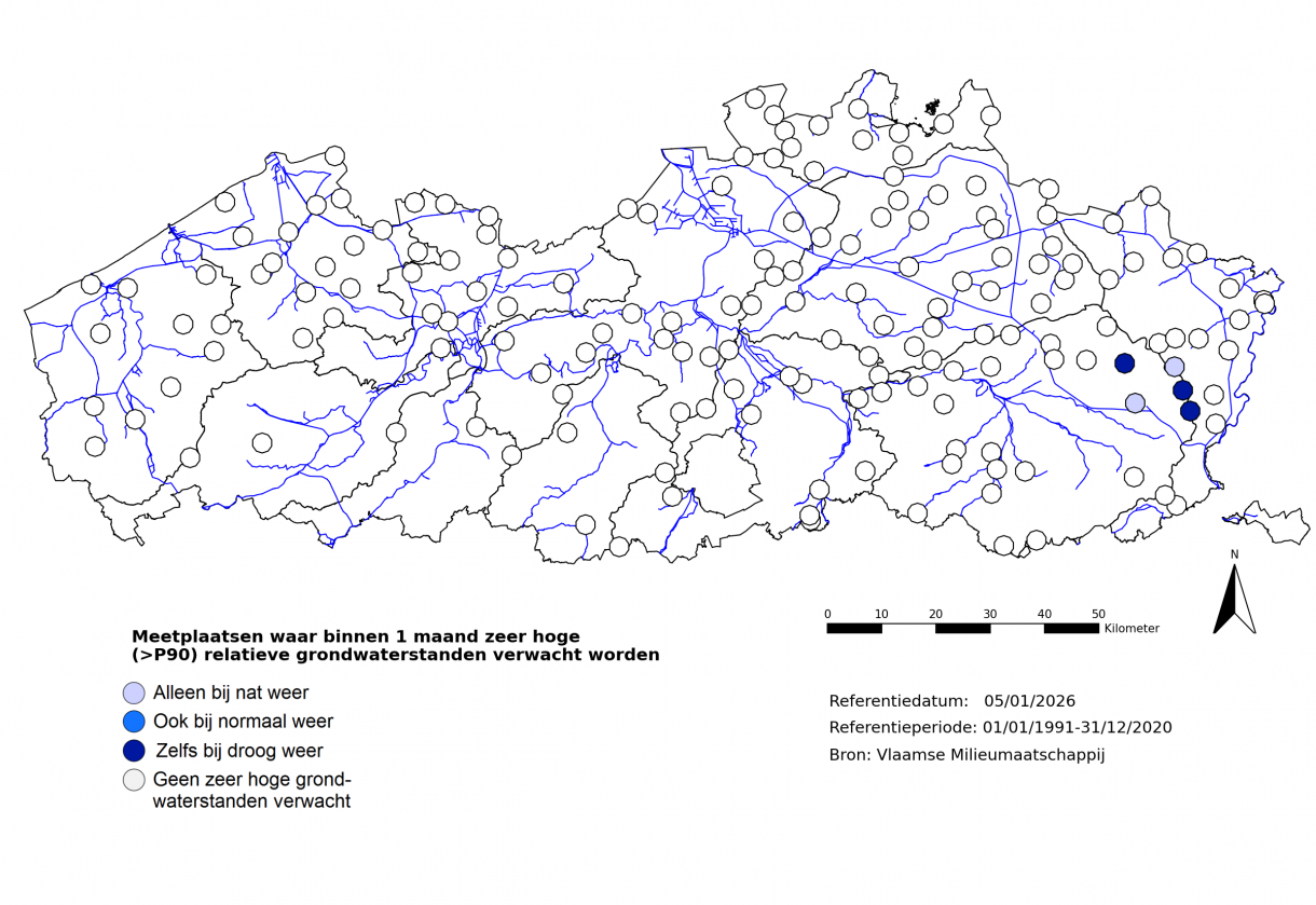 Meetplaatsen waar volgende maand zeer hoge (>P90) freatische grondwaterstanden voor de tijd van het jaar verwacht worden.