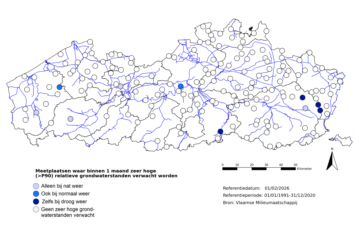 Meetplaatsen waar volgende maand zeer hoge (>P90) freatische grondwaterstanden voor de tijd van het jaar verwacht worden.