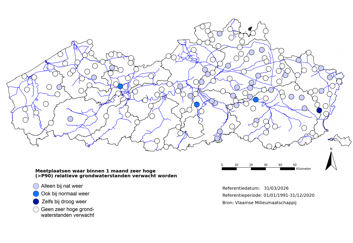 Meetplaatsen waar volgende maand zeer hoge (>P90) freatische grondwaterstanden voor de tijd van het jaar verwacht worden.