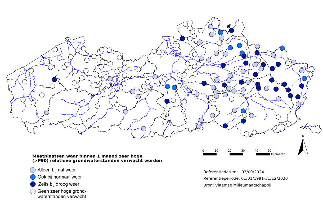 Figuur 6: Meetplaatsen waar volgende maand zowel relatief als absoluut zeer lage (<P10) freatische grondwaterstanden worden verwacht.