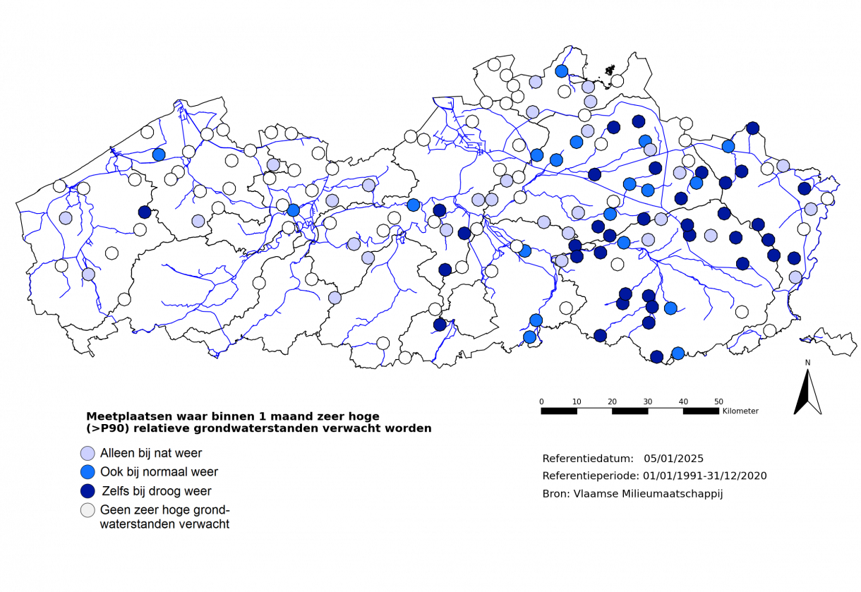 Figuur 6: Meetplaatsen waar volgende maand zowel relatief als absoluut zeer lage (<P10) freatische grondwaterstanden worden verwacht.